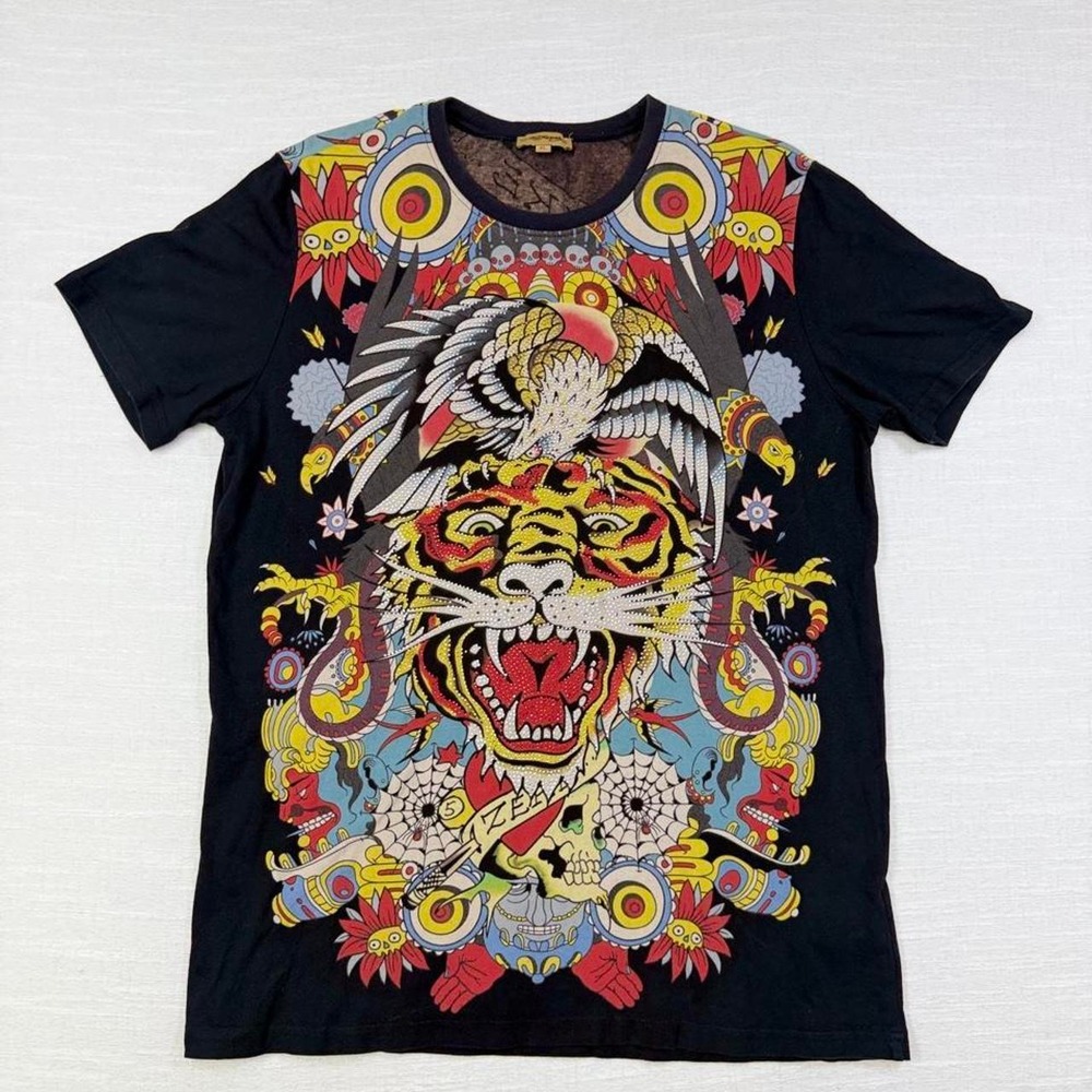 Ed Hardy Tiger Rhinestone Graphic Tee Vintage Y2K Tattoo Shirt XL Black